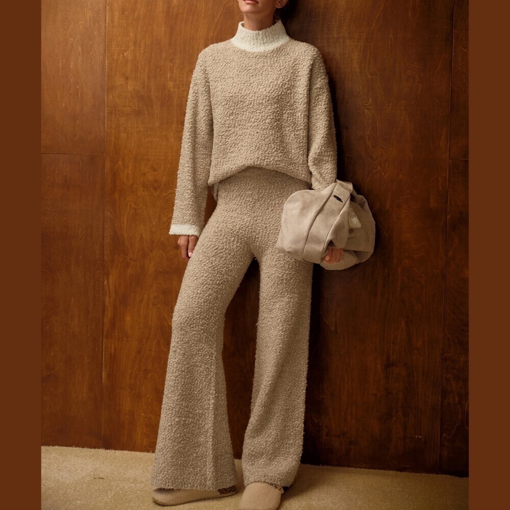 Tan Boucle Knit Contrast Trim Turtleneck Sweater Flare Pants Set